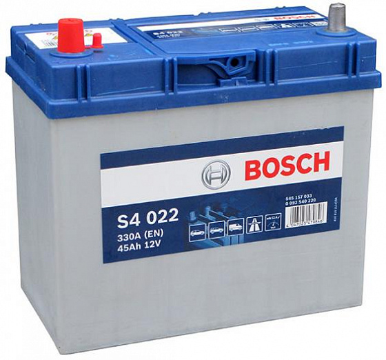 Аккумулятор Bosch S4 022 Asia (45 А/h), 330A L+ JIS  тонкие клеммы (545 157 033)