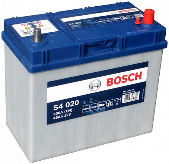 Аккумулятор Bosch S4 020 Asia (45 А/h), 330A R+ JIS  тонкие клеммы (545 155 033)